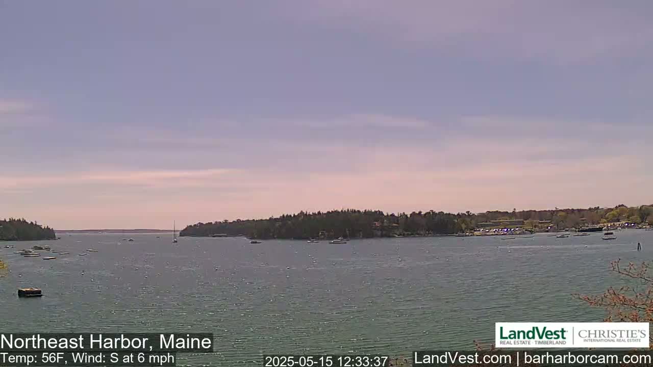 A calm body of water with several boats and a tree-lined shore under a mostly clear, light-pink sky.