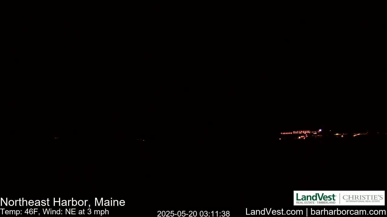 A nighttime long shot shows a dimly lit town on the horizon under a dark sky with a northeast wind at 3 mph and a temperature of 46°F.