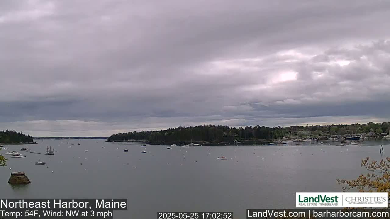A calm harbor with numerous boats, under a cloudy sky, with a gentle northwest wind.