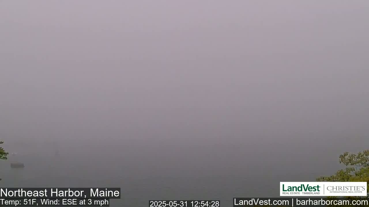A foggy body of water is visible, with a hint of land and vegetation in the bottom right corner under a hazy sky.