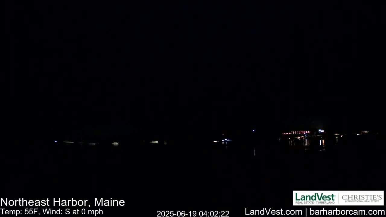 A nighttime, dark view of a calm body of water with faintly visible lights on the far shore under a clear, black sky.
