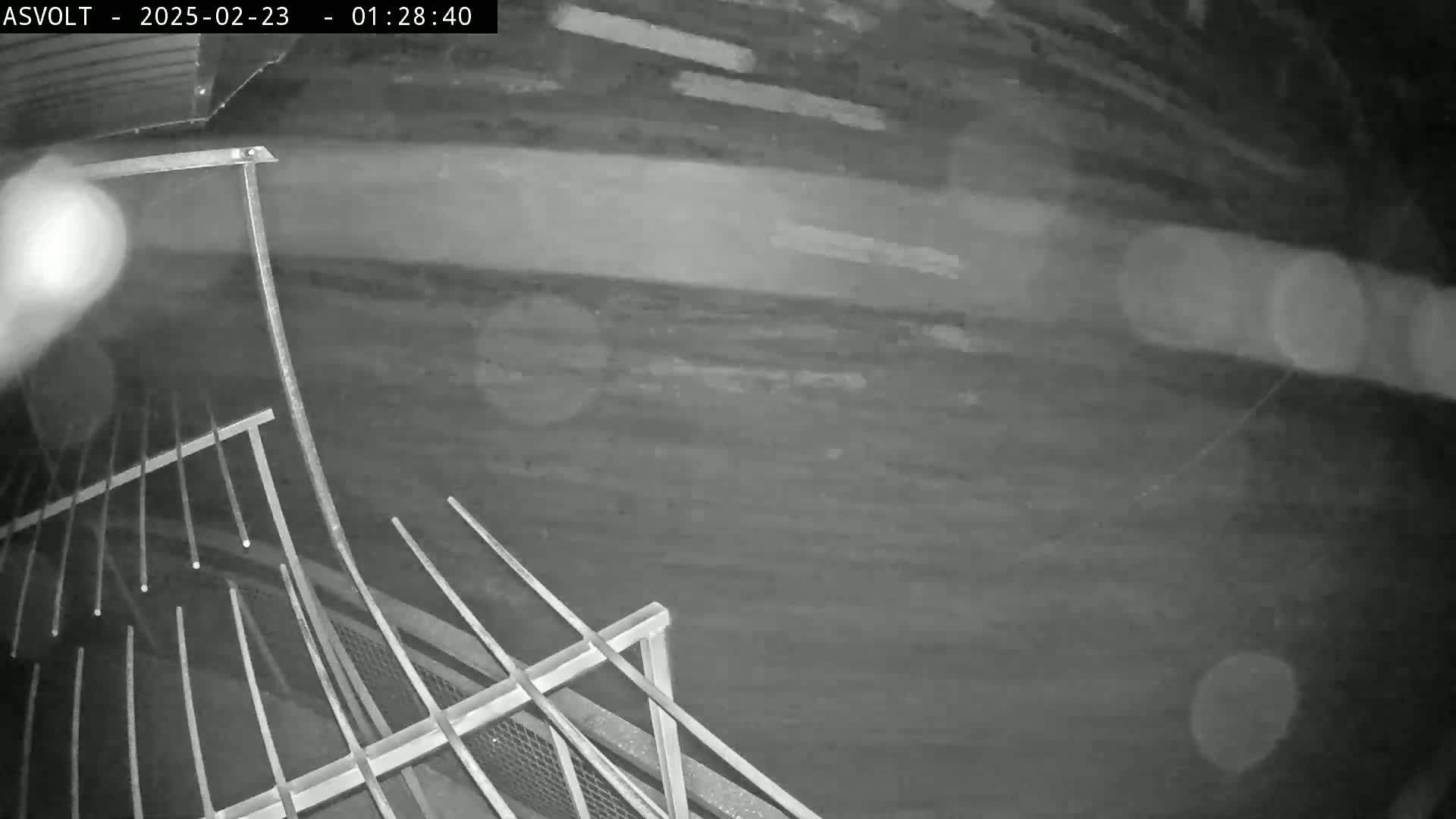 A nighttime, blurry, low-light security camera image shows a dark, possibly wet, ground and a metal railing in the foreground.