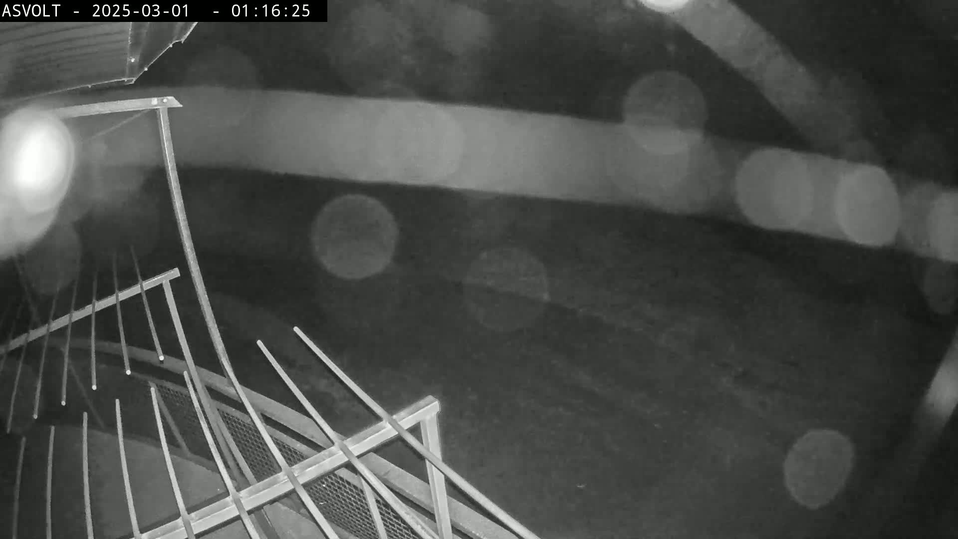 A nighttime, blurry, black and white image shows a metal railing and a dark ground with out-of-focus light sources.