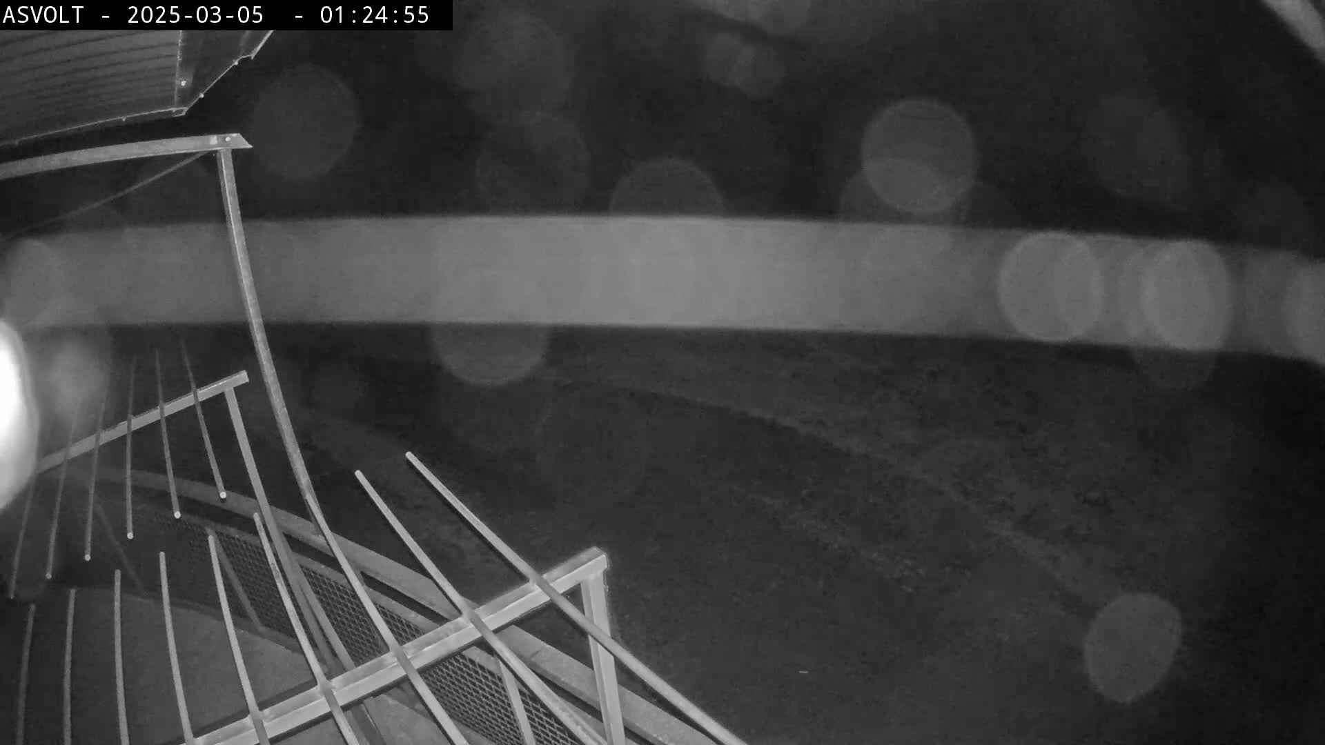 A nighttime, blurry, black-and-white image shows a section of metal railing and fencing overlooking a dark, indistinct ground.