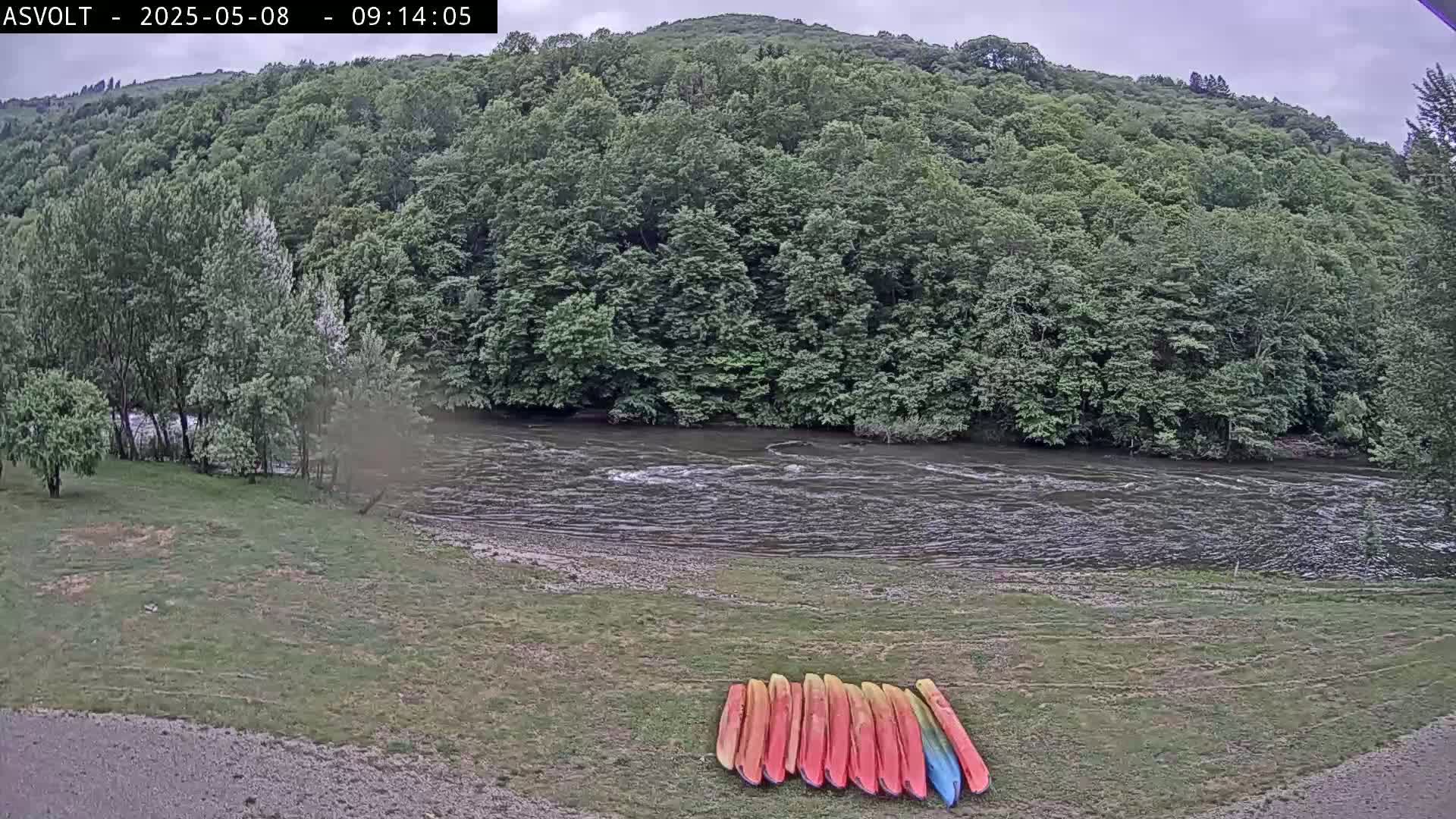 A river flows past a grassy bank lined with trees under an overcast sky, where several kayaks are resting on the shore.