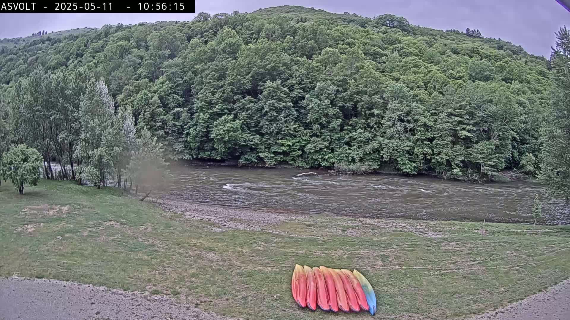 Several kayaks are lined up on a grassy area next to a flowing river bordered by lush green trees under an overcast sky.