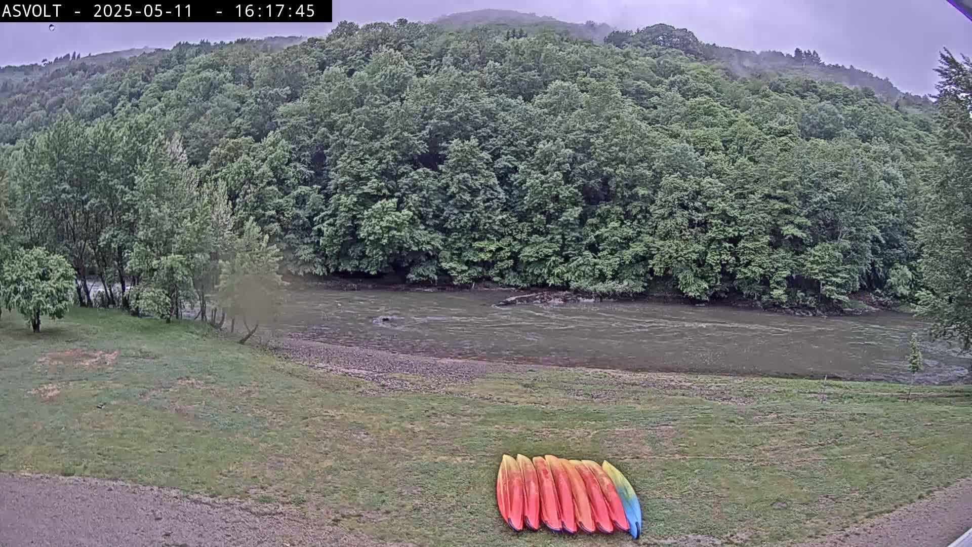 Several kayaks are lined up on a grassy bank next to a river under an overcast sky, with lush green forests rising on the far bank.