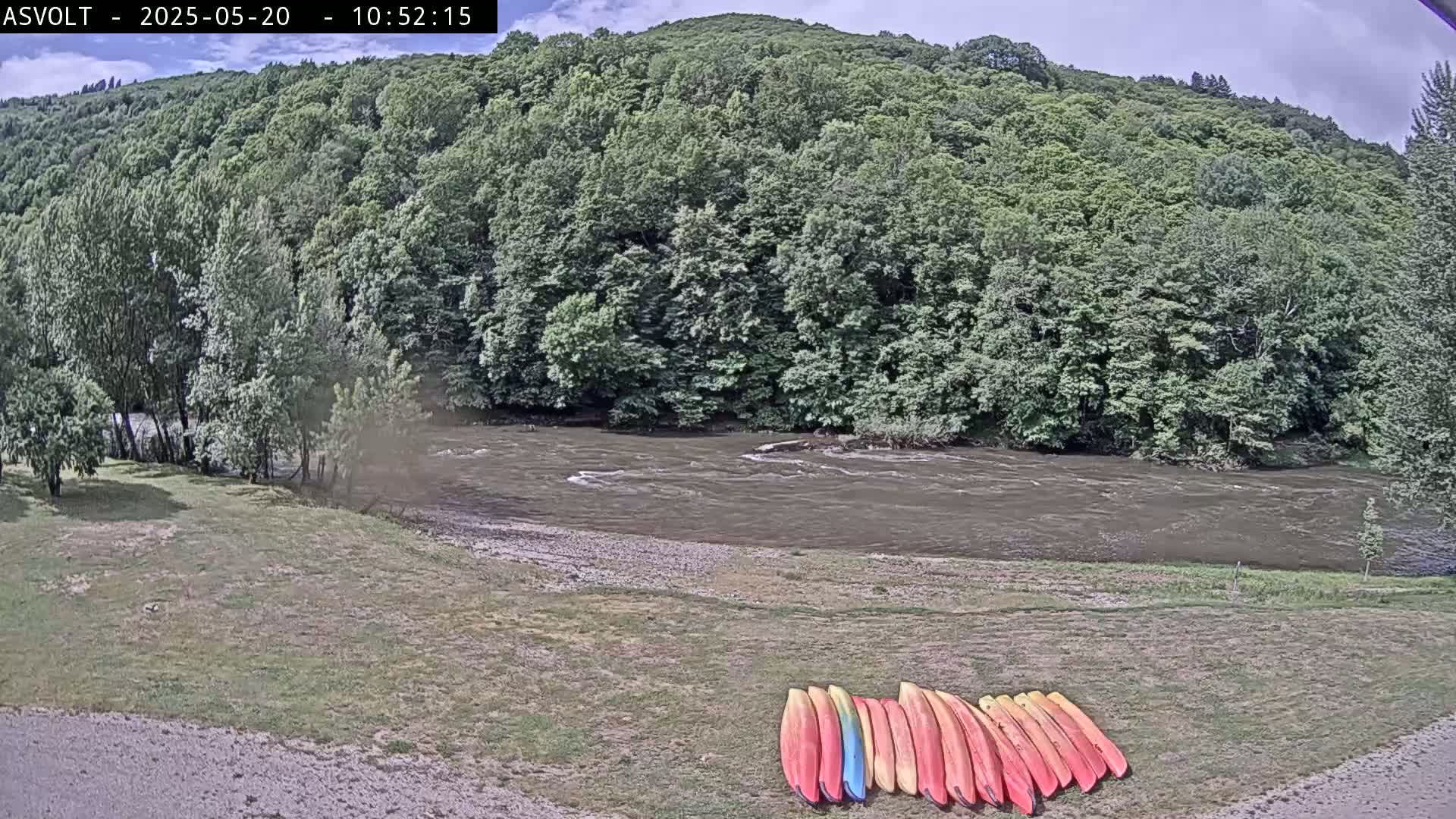 A mostly sunny day shows a river flowing past a grassy bank where several kayaks are lined up, with a lush green forest rising up behind it.