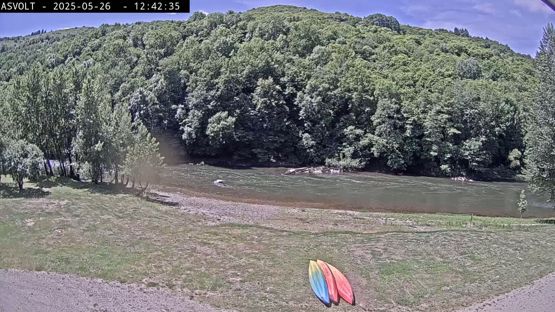 A sunny day shows a river flowing past a grassy bank and lush green forest, with three kayaks lying on the grass.