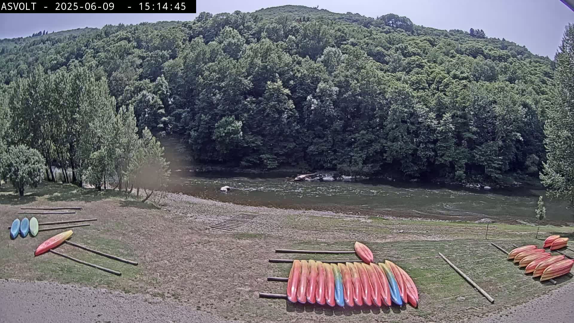 Several kayaks are stored on a grassy area beside a calm river flowing through a lush green forest on a sunny day.