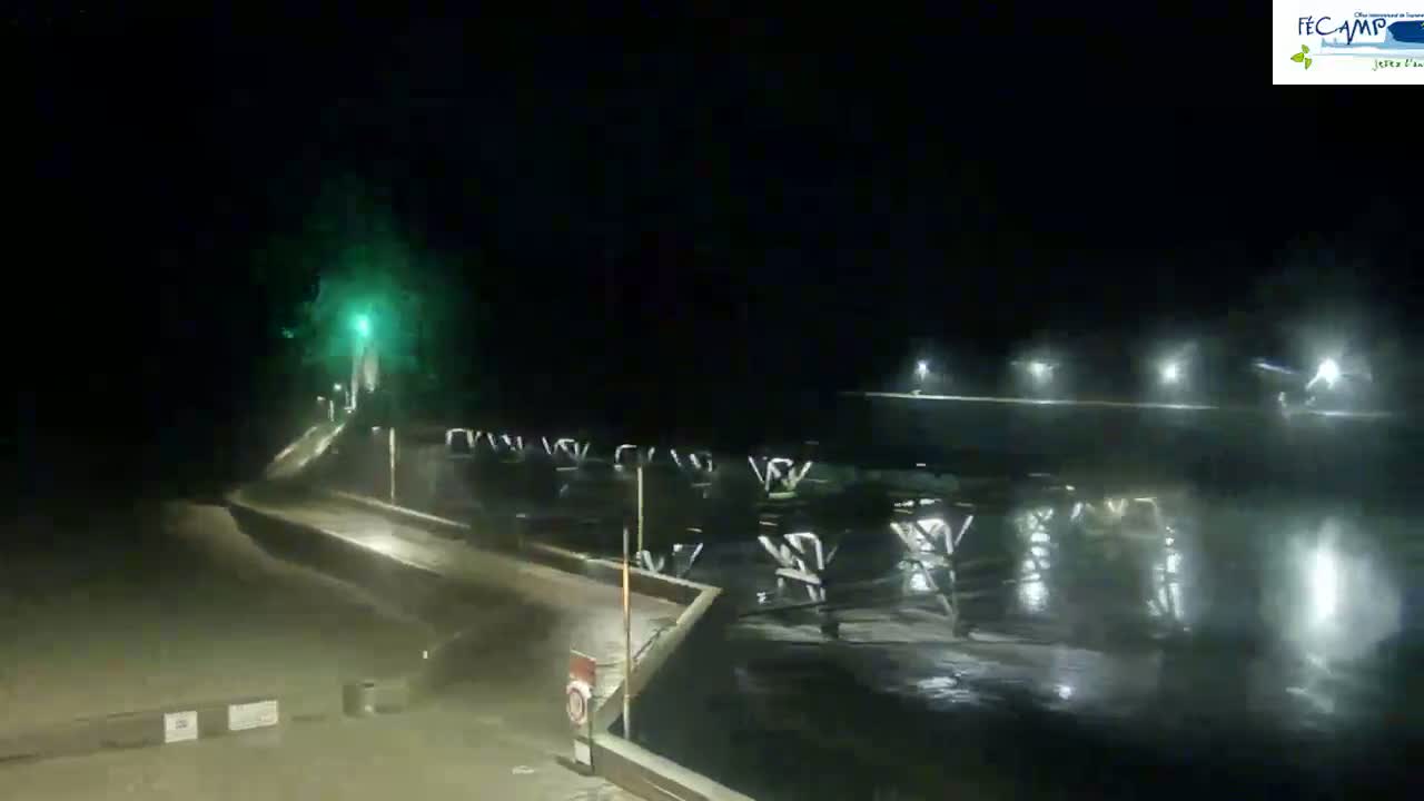 A nighttime, possibly stormy, view of a pier with lights illuminating the structure and surrounding water.