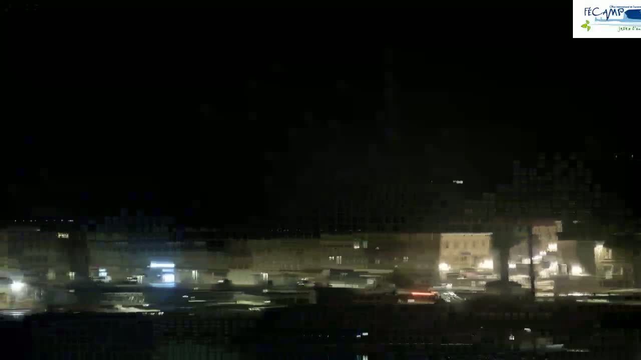 A nighttime long shot of a town or city with dimly lit buildings and streets, under a dark, clear sky.