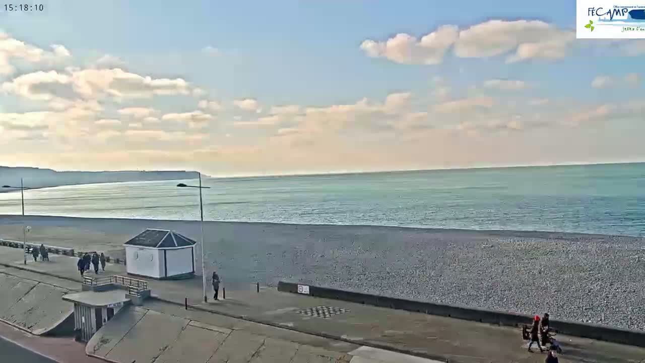 A mostly sunny day shows a pebble beach and calm ocean with a few people walking along the shore and a small white building near the water's edge.
