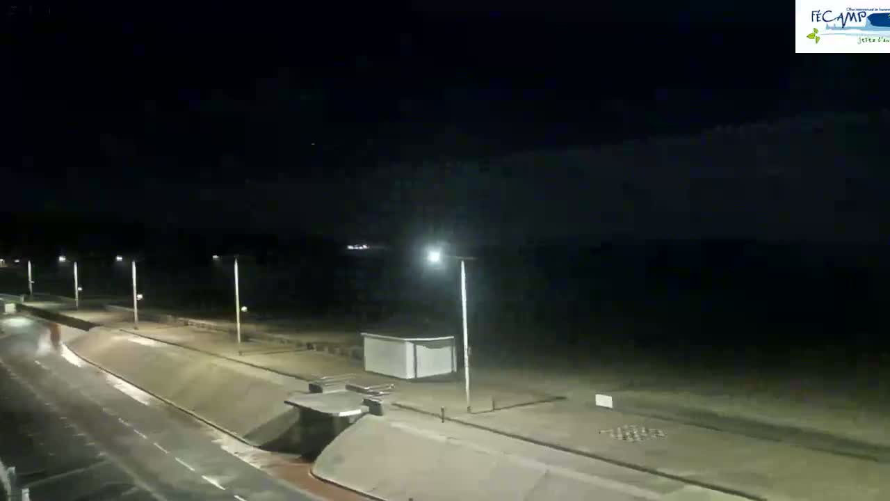 A nighttime view of a mostly empty beach and promenade, illuminated by streetlights under a dark sky.