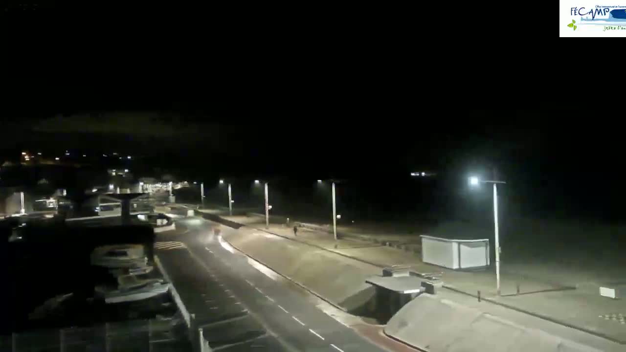 A nighttime, brightly lit seaside road with a few pedestrians and vehicles, next to a beach under a dark sky.
