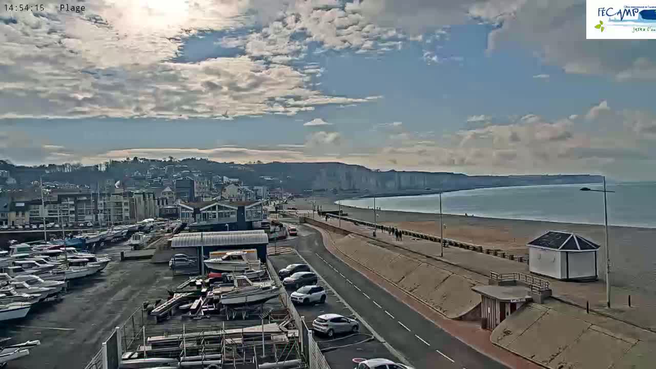 A partly cloudy day overlooks a beach with a calm sea, a coastal town, and a harbor filled with boats.