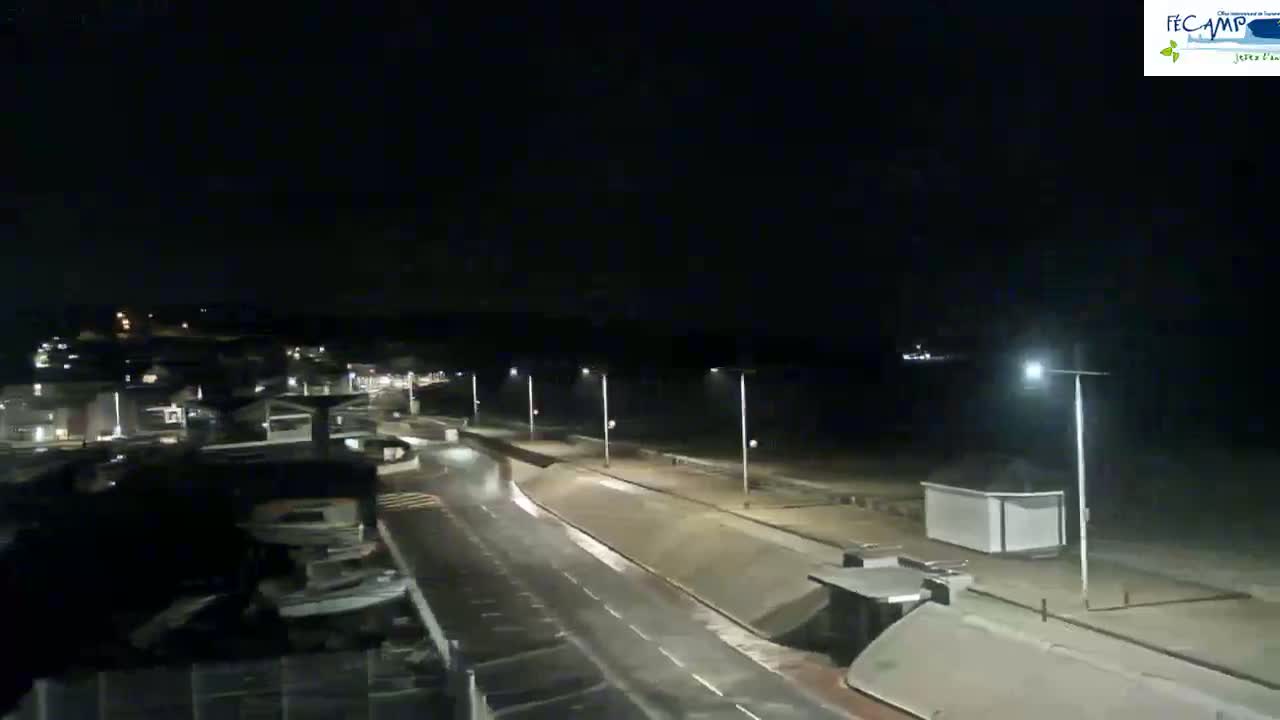 A nighttime, coastal scene shows a mostly empty road next to a beach with a few buildings and some parked boats visible in the background.