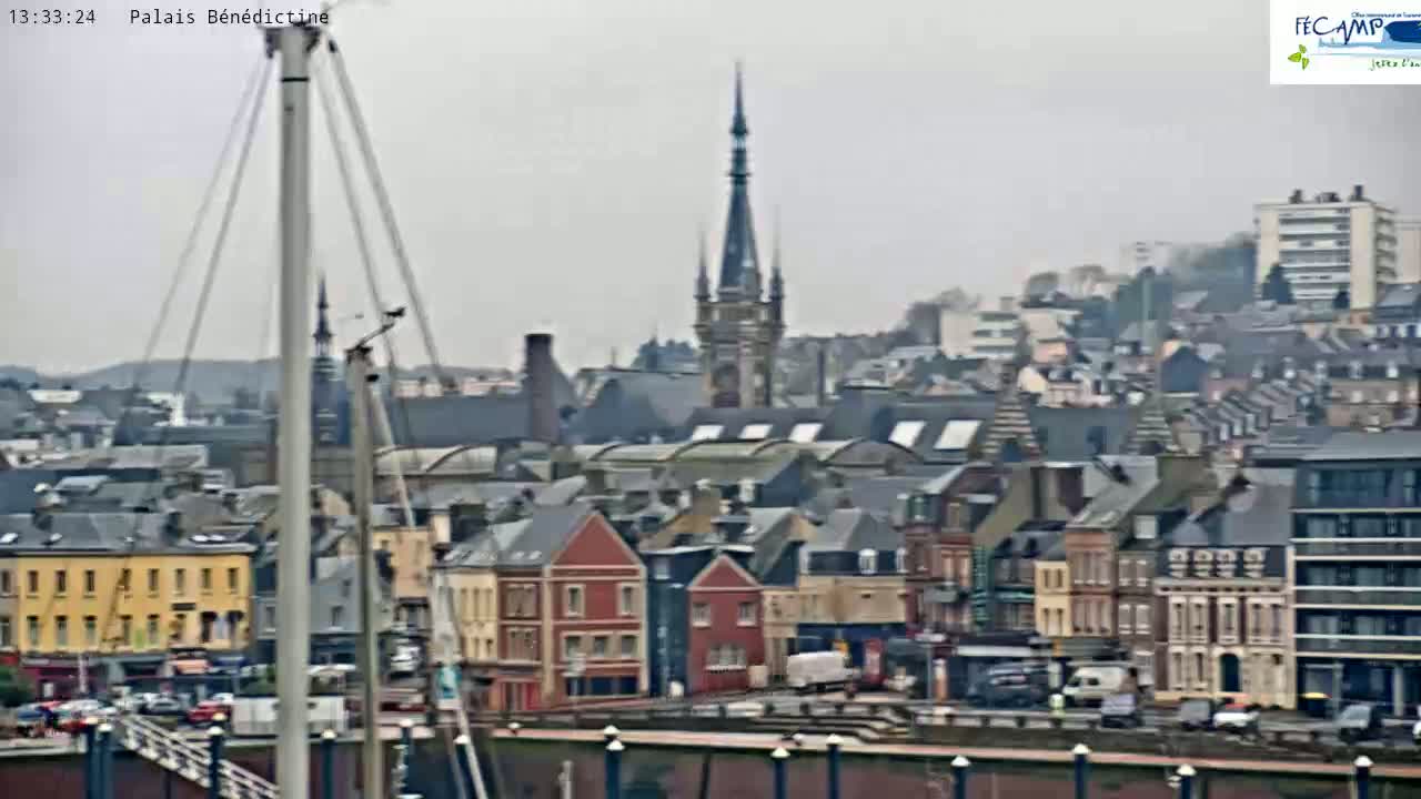 A cityscape with a tall spire, many closely-packed buildings, and a hazy, overcast sky is seen from a distance.