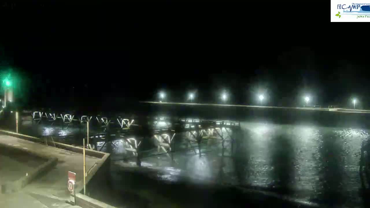 A nighttime view of a pier extending into choppy water under illuminated lights.