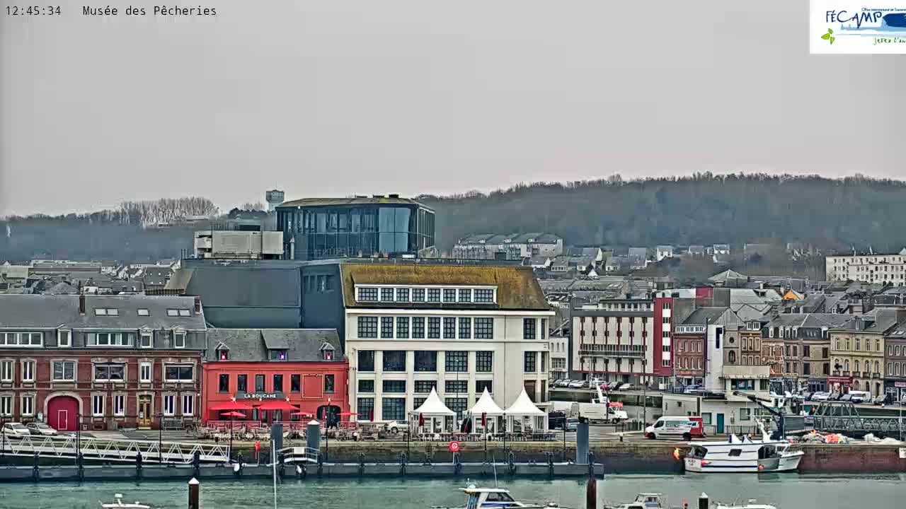 A waterfront town under an overcast sky features a mix of buildings, including several multi-story structures, a red building with outdoor seating, and several white tents, with boats moored in the harbor.