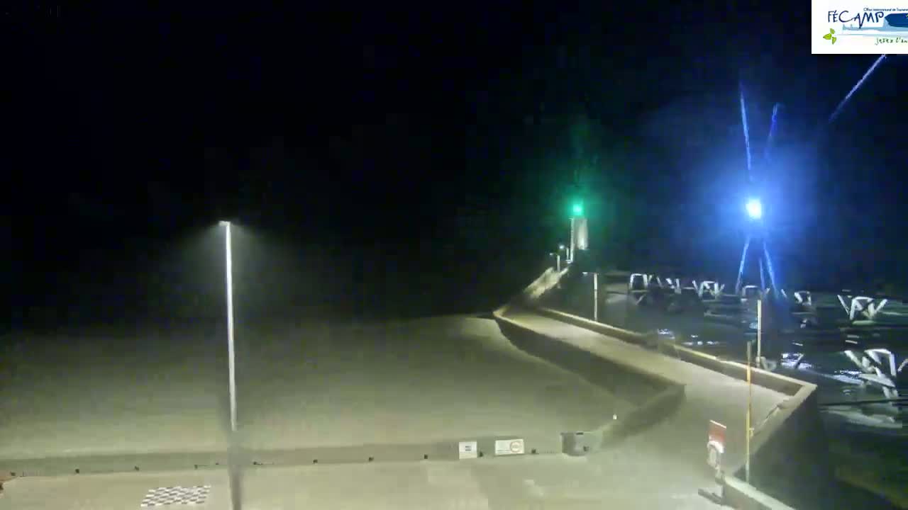 A nighttime view of a mostly empty beach and promenade, illuminated by streetlights, with a faint light mist or fog.