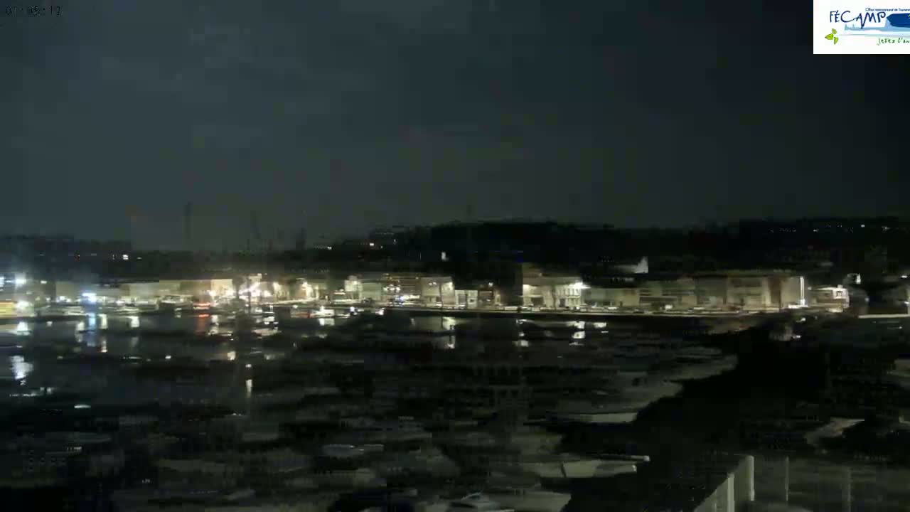 A nighttime view of a harbor filled with boats, with a town's lights reflecting on the water under a dark sky.