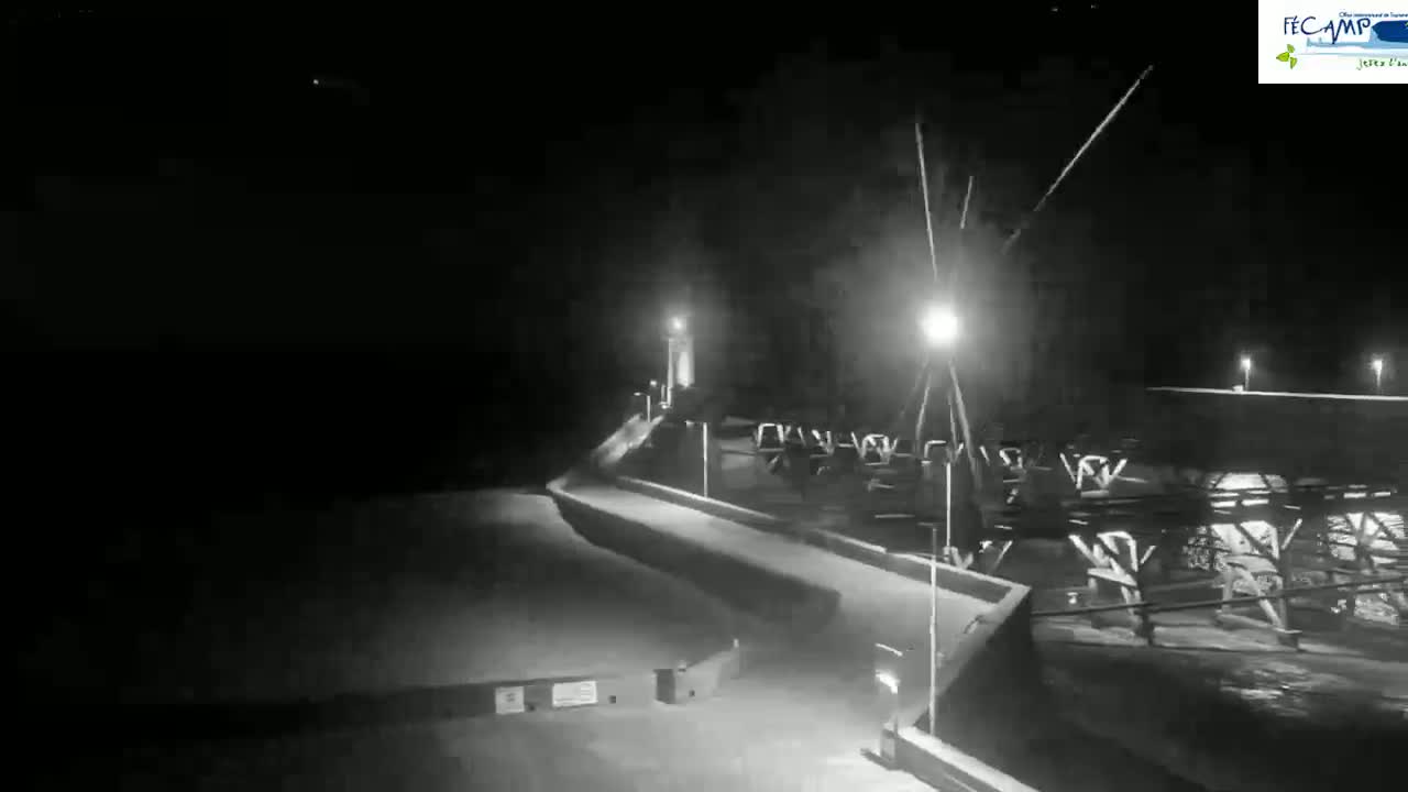 A nighttime, black and white view shows a paved walkway along a waterfront, illuminated by several lights, with a metal structure and a building in the background.