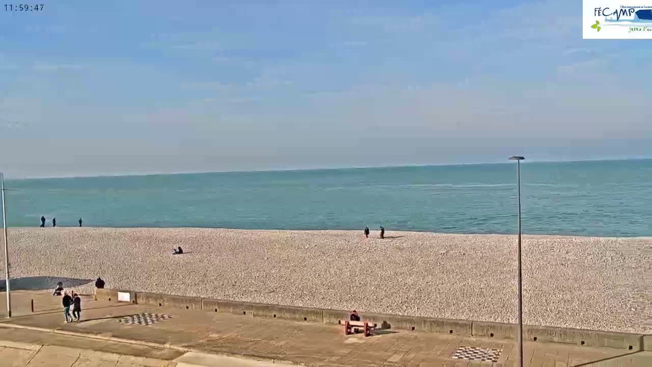 A mostly empty pebble beach stretches to a calm, light-blue sea under a clear, sunny sky.