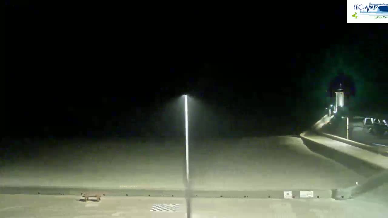 A nighttime view of a mostly empty, flat, paved area illuminated by a single tall lamppost, with a low wall and some indistinct objects in the background.