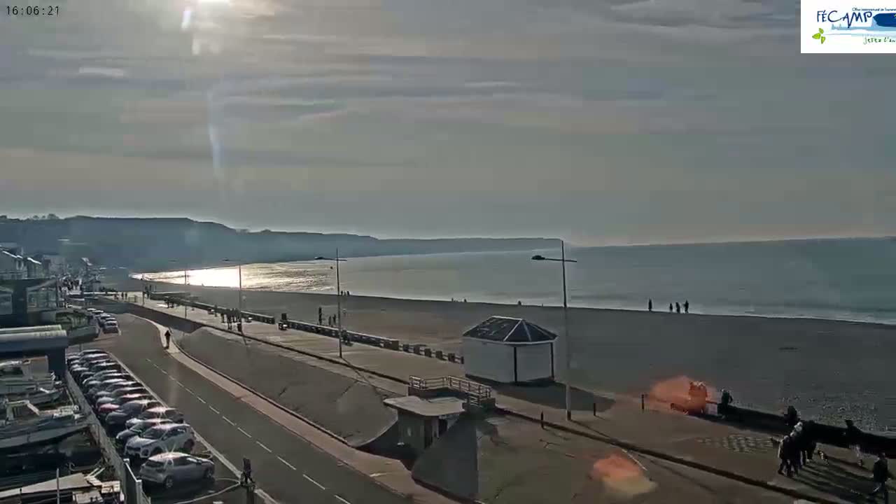 A mostly sunny day reveals a beach scene with a calm ocean, a paved walkway, and parked cars lining a road next to the beach.