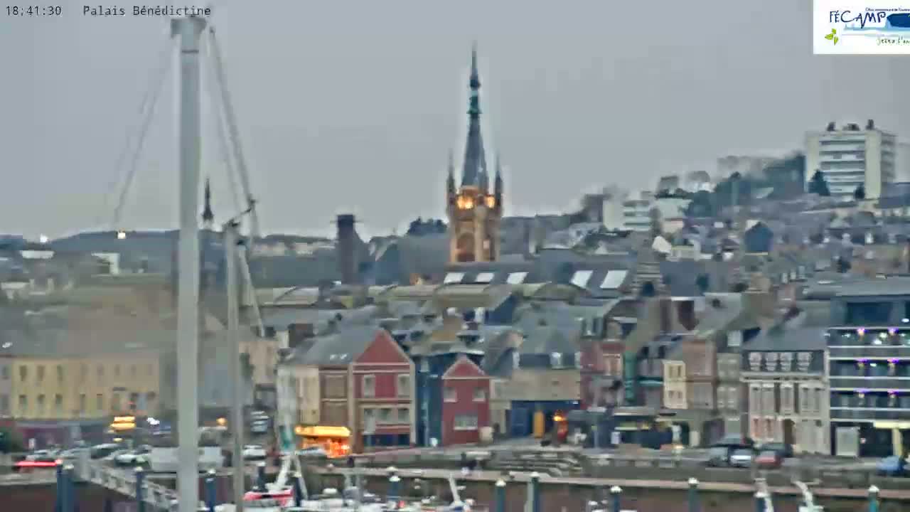 A European town with a tall church spire is seen on an overcast day, with boats docked at a harbor in the foreground.