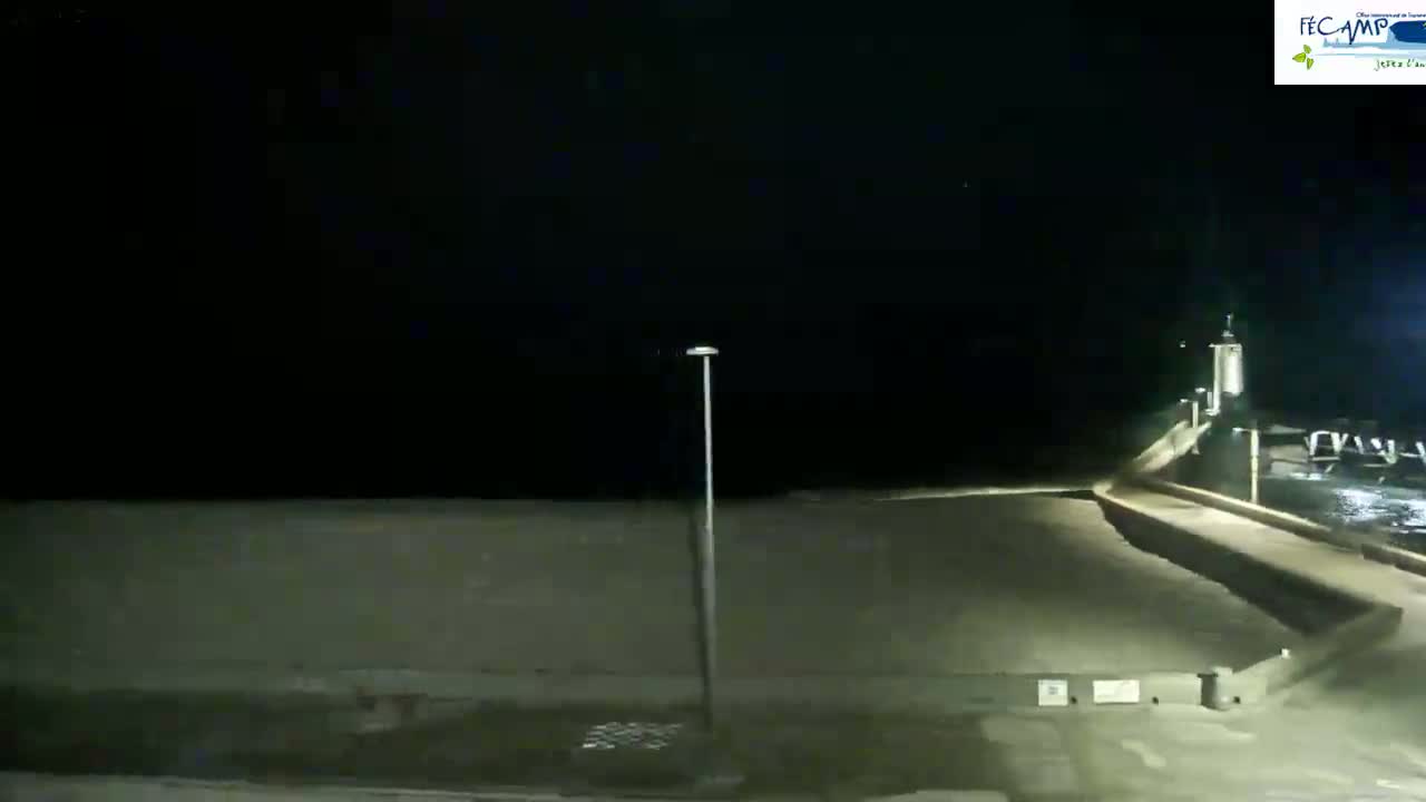 A nighttime view of a dark beach with a pier and a single lamppost, under a clear, dark sky.