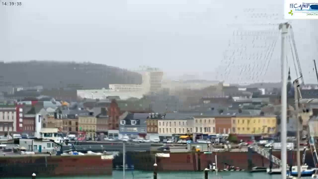 A hazy, overcast day reveals a harbor town with multi-story buildings, boats, and a hill in the background.