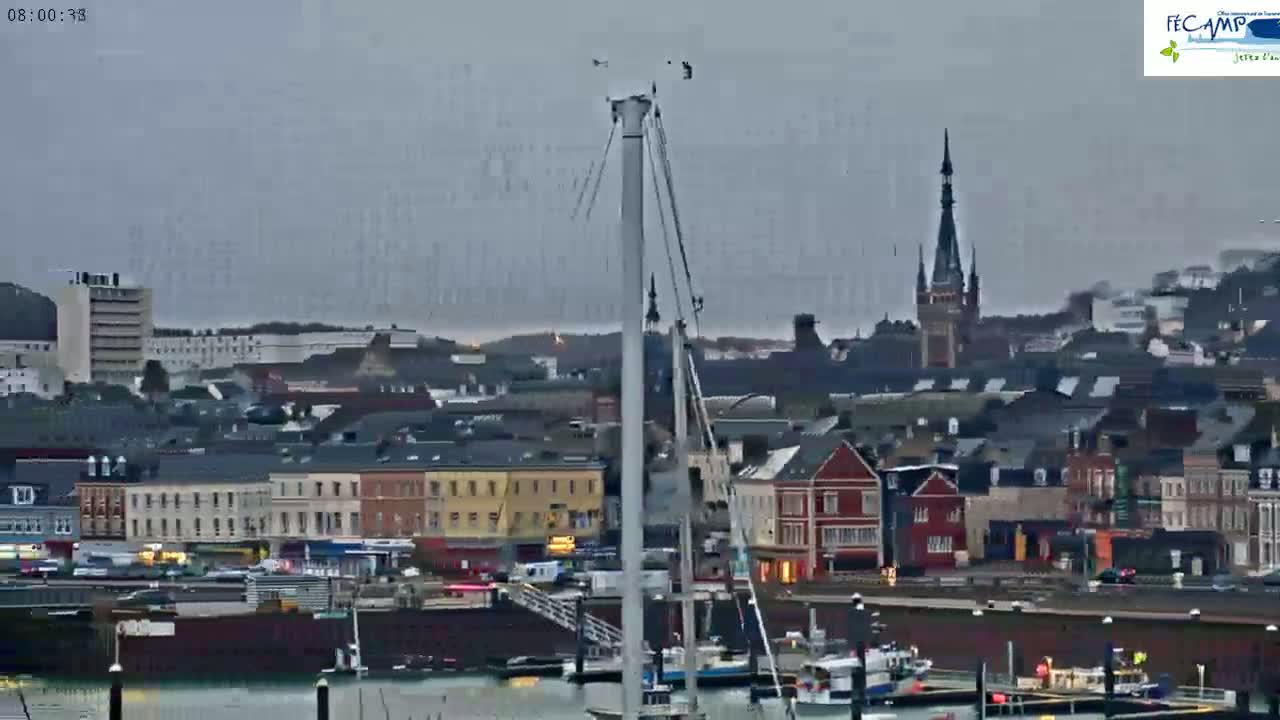 A hazy, overcast day reveals a harbor town with colorful buildings, a tall church steeple, and numerous boats docked at a waterfront.