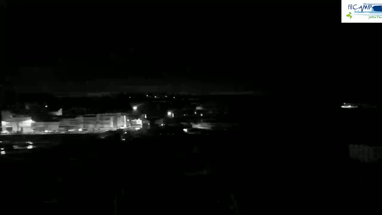 A nighttime long shot shows a dimly lit town with faint lights visible from afar under a dark sky.