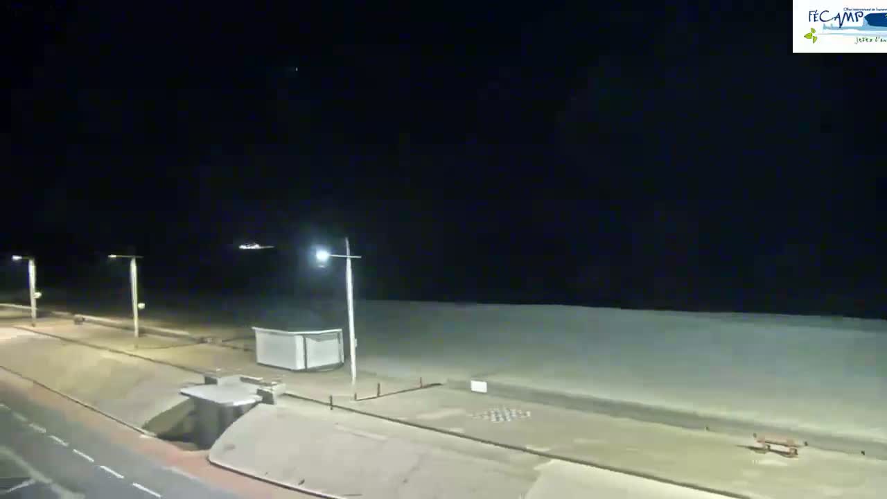 A nighttime view of a mostly empty beach with a paved walkway, streetlights, and a small building.