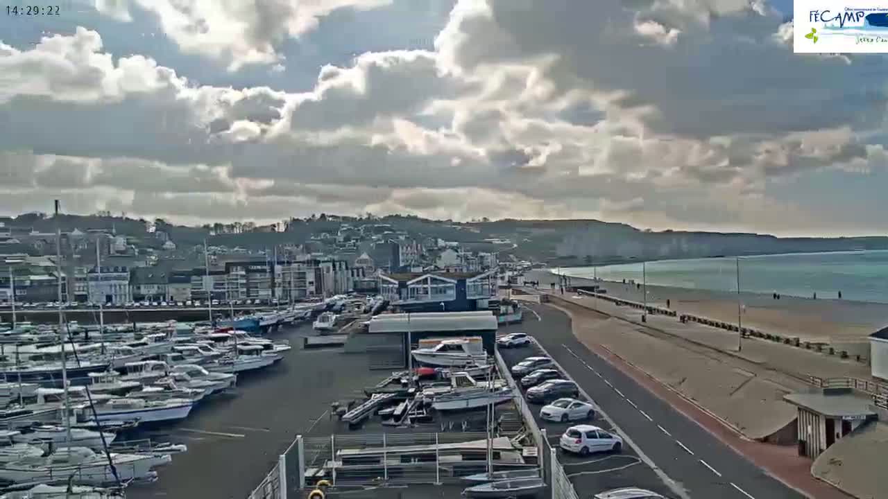 A harbor filled with boats is next to a town situated on a coastline with a partly cloudy sky.