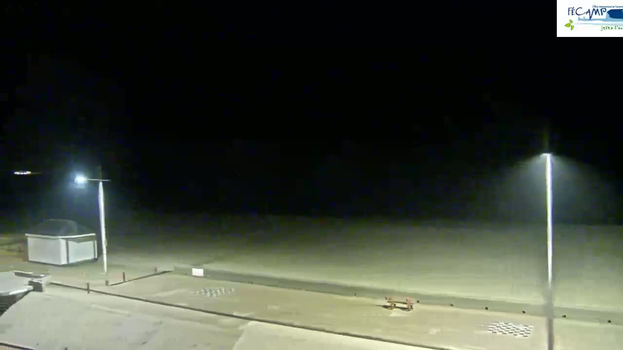 A nighttime view of a beach with two tall light posts illuminating a mostly empty, flat sandy expanse.