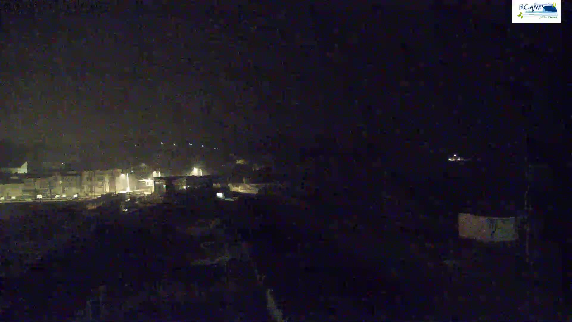A nighttime, long shot of a dimly lit town under a dark sky.