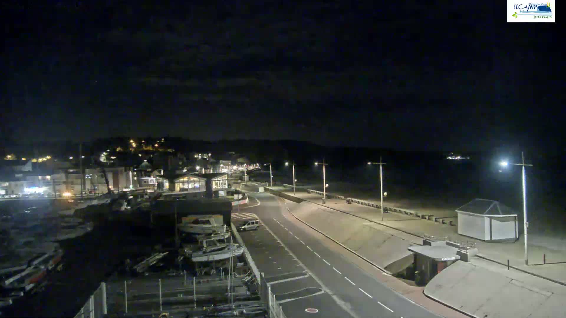 A nighttime view of a coastal town with a harbor full of boats, a road leading to a beach, and a few buildings lit up under a dark, cloudy sky.