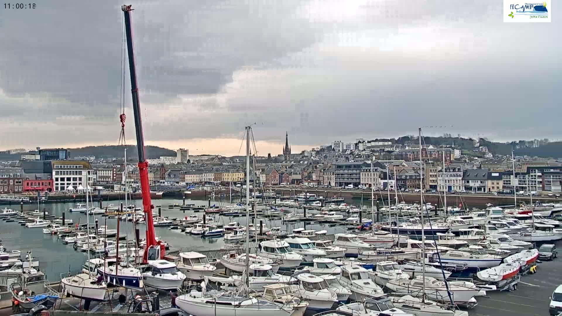 A large marina filled with numerous boats is shown under a cloudy sky, with a crane visible in the foreground and a town in the background.