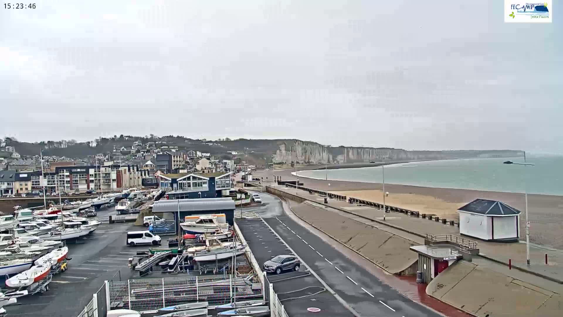 A harbor filled with boats is adjacent to a coastal road that leads to a beach and dramatic white cliffs under an overcast sky.