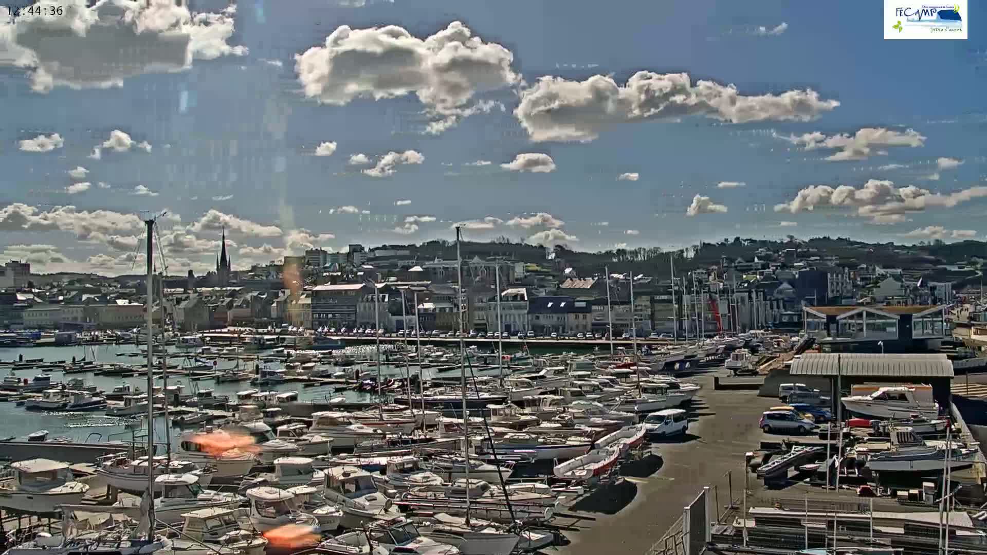 A partly cloudy day overlooks a harbor filled with numerous boats and yachts, situated next to a town with buildings and hills in the background.