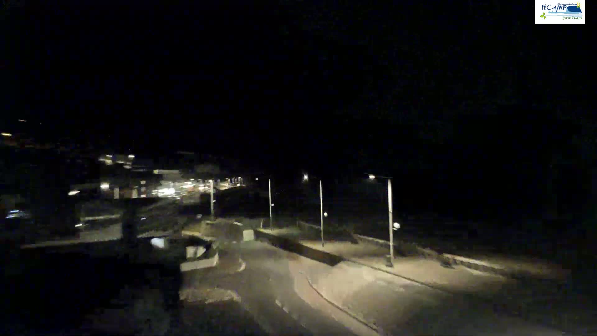 A nighttime, high-angle view shows a dark road curving through a sparsely lit area near a shoreline.