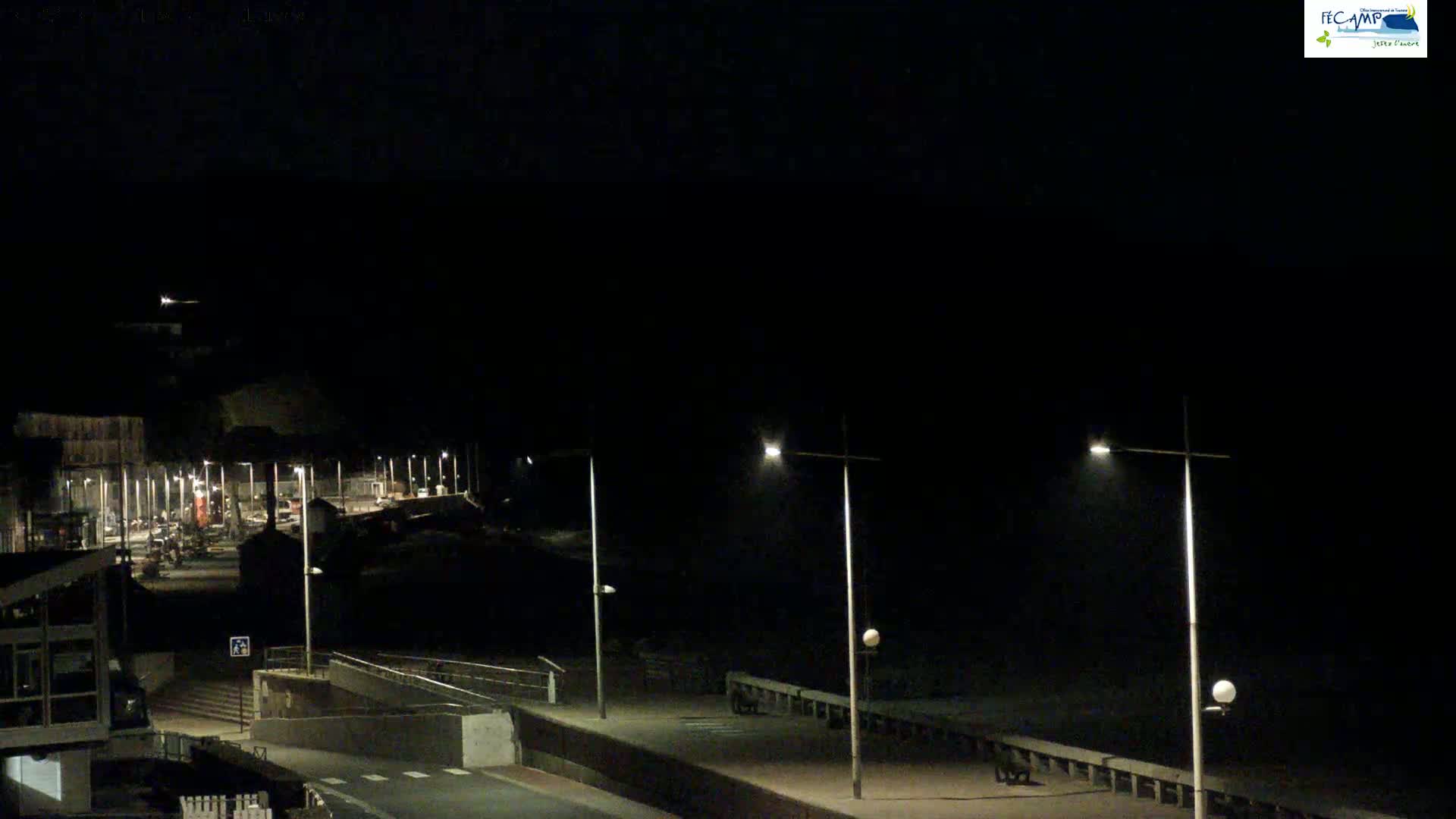 A nighttime view of a dimly lit seaside promenade with streetlights illuminating a dark beach and buildings in the background.