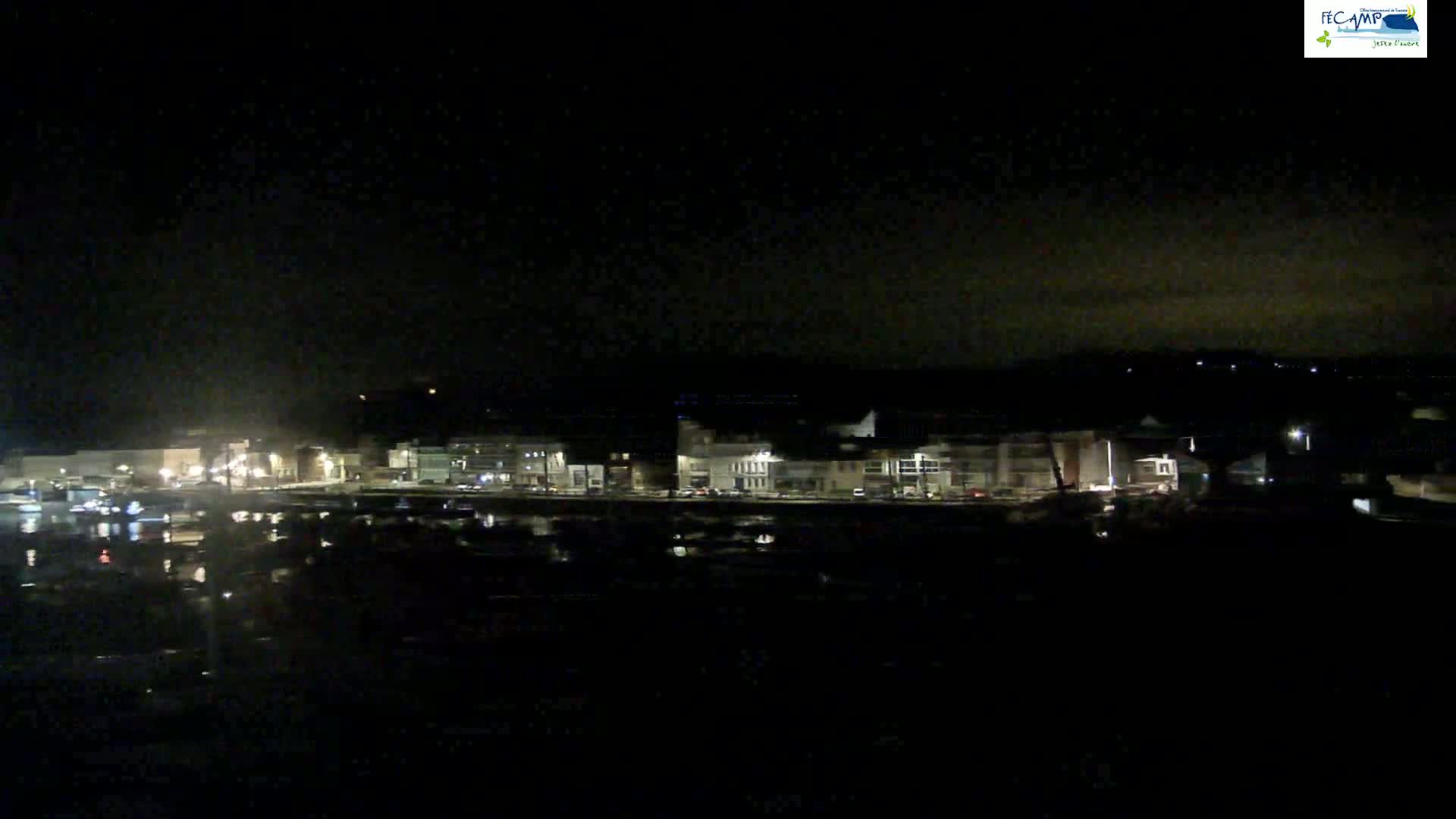 A nighttime long shot shows a waterfront town with dimly lit buildings and a dark, still body of water reflecting the lights.