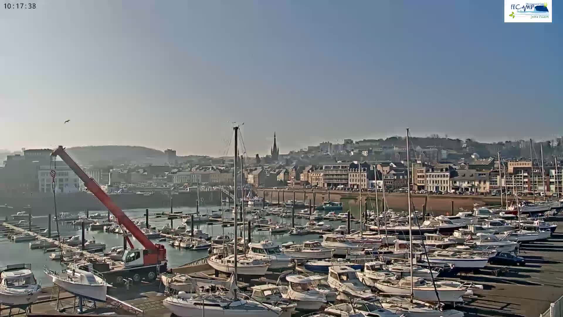 A large marina filled with numerous boats and a red crane is situated in front of a town under a clear, sunny sky.