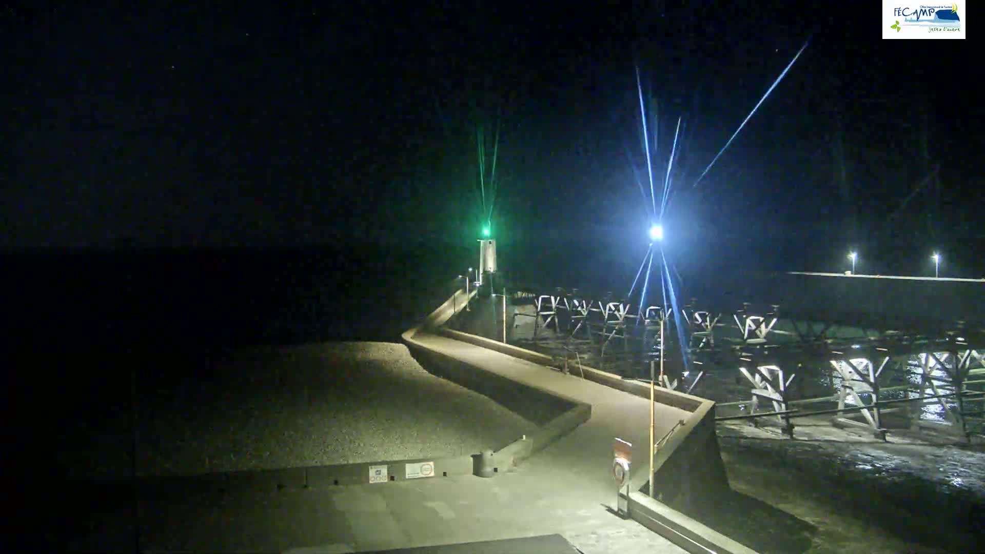 A nighttime view of a stone walkway leading to a pier with a small lighthouse, under a clear, starry sky.