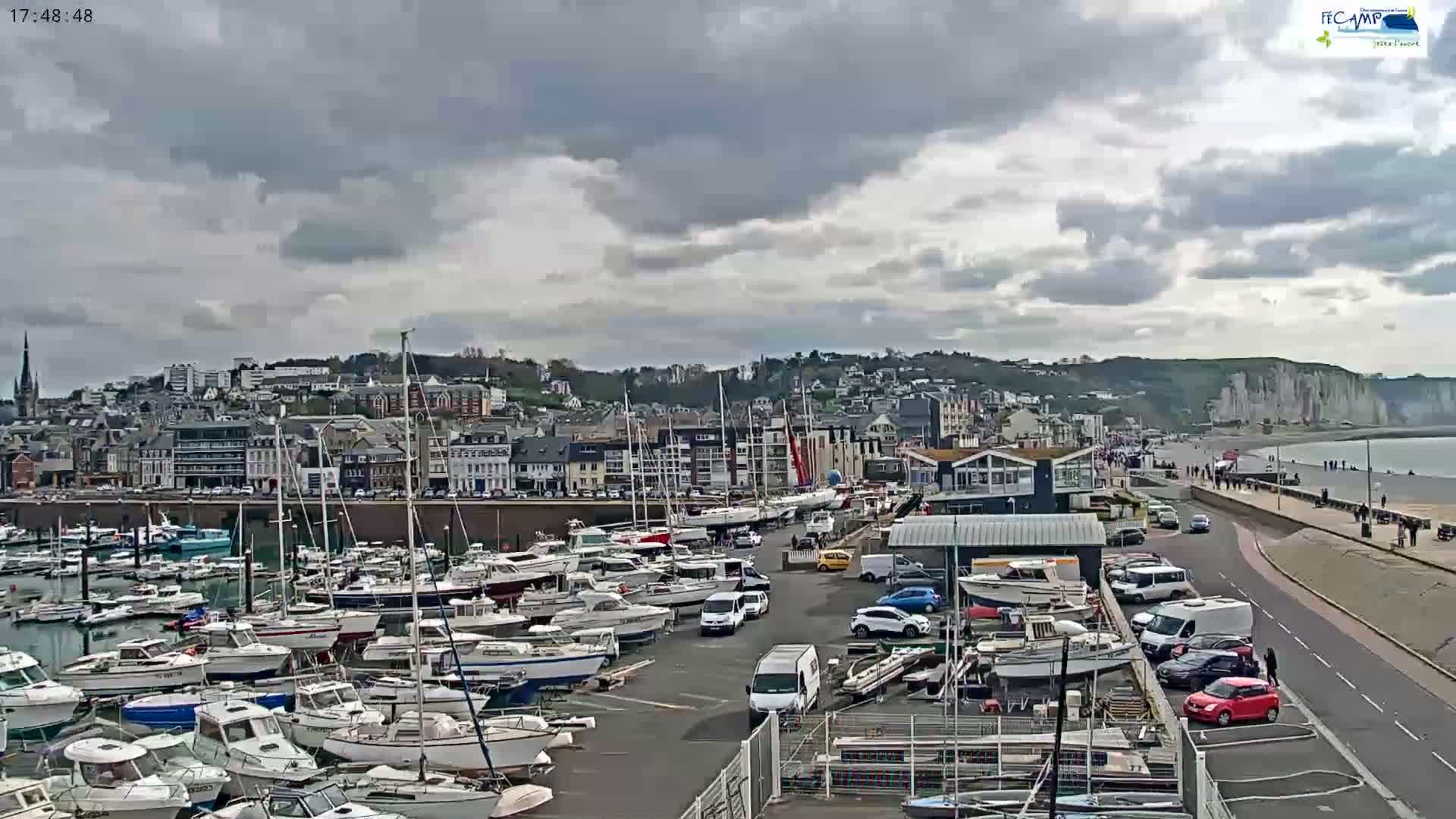 A harbor filled with numerous boats is situated beside a town, under a mostly cloudy sky, with a beach and white cliffs visible in the distance.
