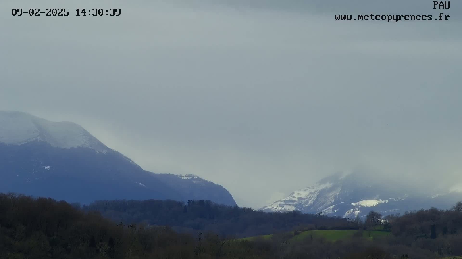 Snow-capped mountains are partially obscured by a hazy, overcast sky over a landscape of dark green trees and fields.